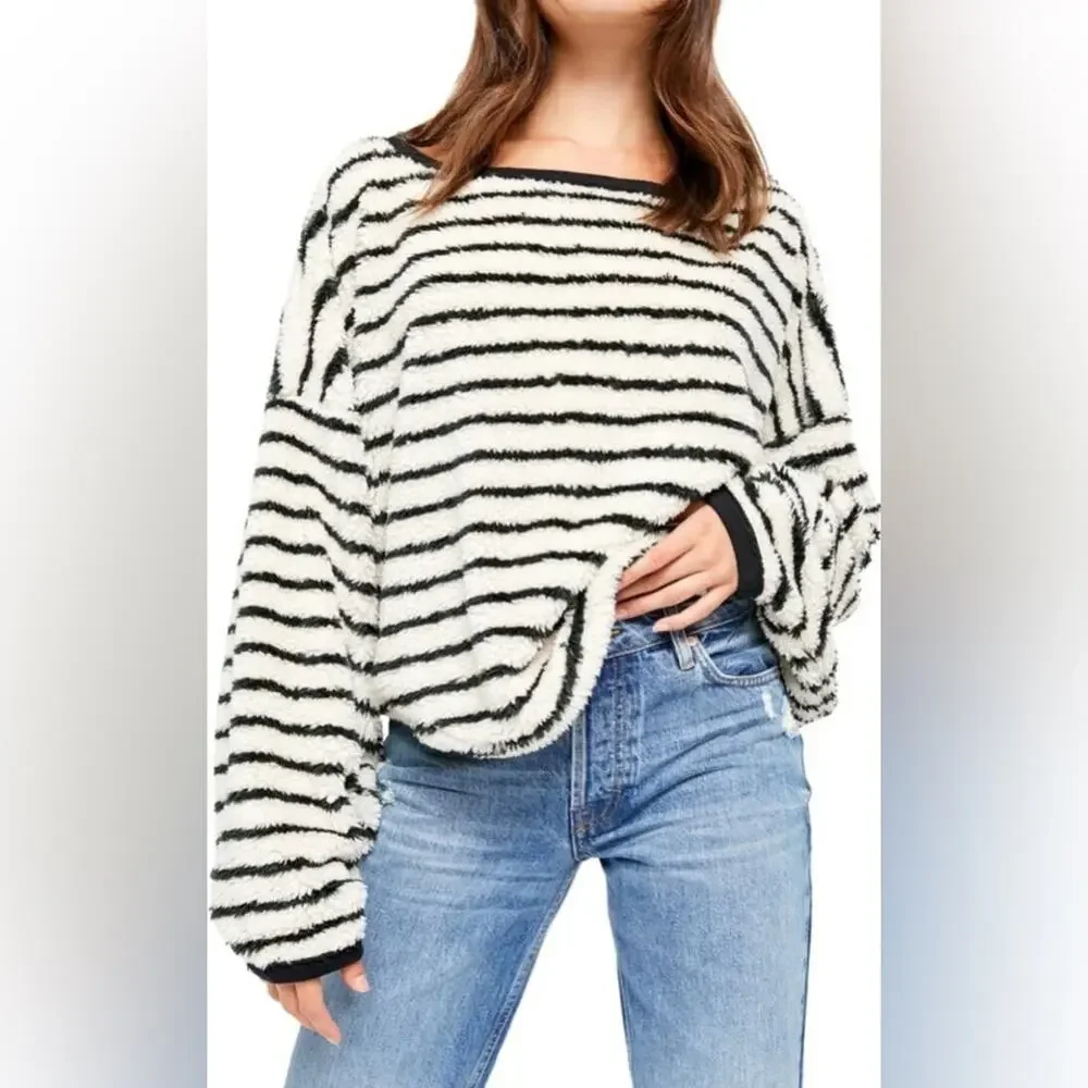 Free People Breton Striped Pullover cropped fuzzy long sleeve sweater